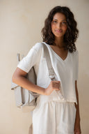 Latte Love V Neck Tee & Wide Leg Lounge Pant Set Ivory