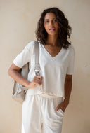 Latte Love V Neck Tee & Wide Leg Lounge Pant Set Ivory