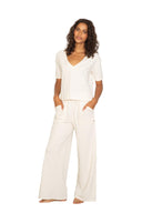 Latte Love V Neck Tee & Wide Leg Lounge Pant Set Ivory